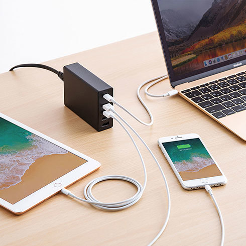 出力W数が大きければ、ノートパソコンの充電にも不安がありません。写真はエレコム「ACDC-PD0257BK」