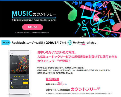 OCN モバイル ONEの「MUSICカウントフリー」