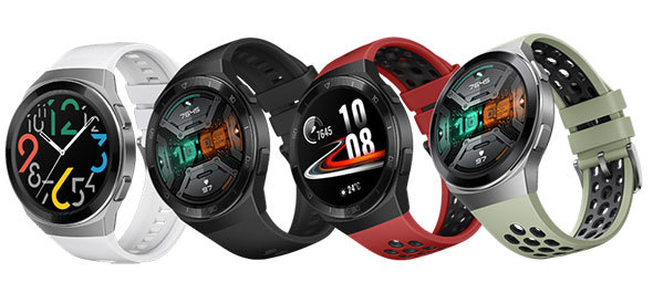 「HUAWEI WATCH GT 2e」。左からアイスホワイト、グラファイトブラック、ラヴァーレッド、ミントグリーン