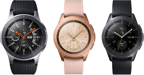 「Galaxy Watch」。左からシルバー（46mm）、ローズゴールド（42mm）、ミッドナイトブラック（42mm）