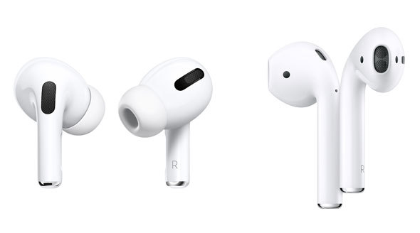 Appleのイヤフォン「AirPods」シリーズでは、「AirPods Pro」（写真左）がカナル型、「AirPods」（写真右）がインナーイヤー型
