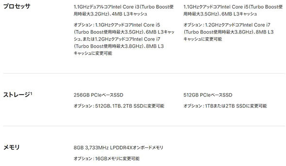 それぞれのモデルはCPUやメモリなどいくつかの構成があります。「MacBook Pro」13型モデルのみ、他の製品より構成の幅が広いです