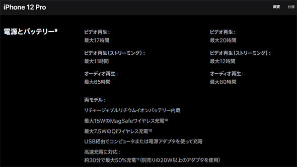iPhone 12シリーズからは、20ワット以上が推奨されています。画像はiPhone 12 Proの仕様ページから