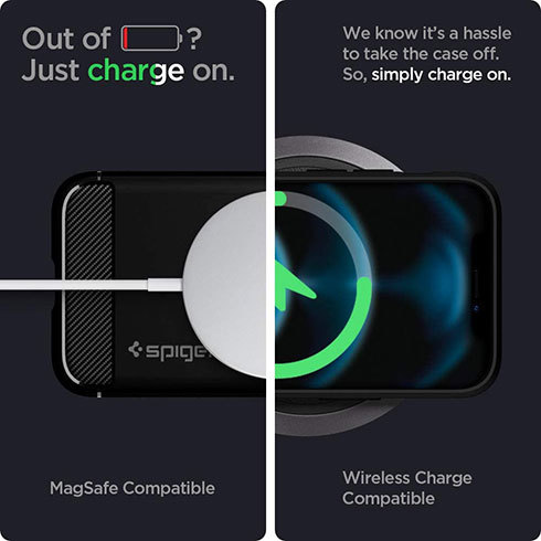 TPUなどの素材を採用しているケースであれば、ワイヤレス充電が可能です。像は「Spigen iPhone 12 | 12 Pro(6.1インチ)ケース ラギッドアーマー」