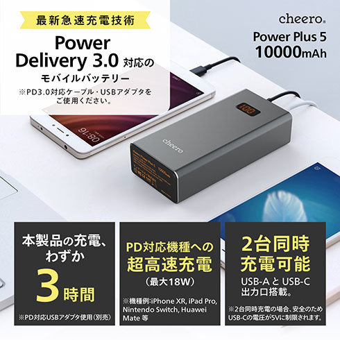 最大18W入出力で約3時間のフル充電が可能な「cheero Power Plus 5 10000mAh with Power Delivery 18W」