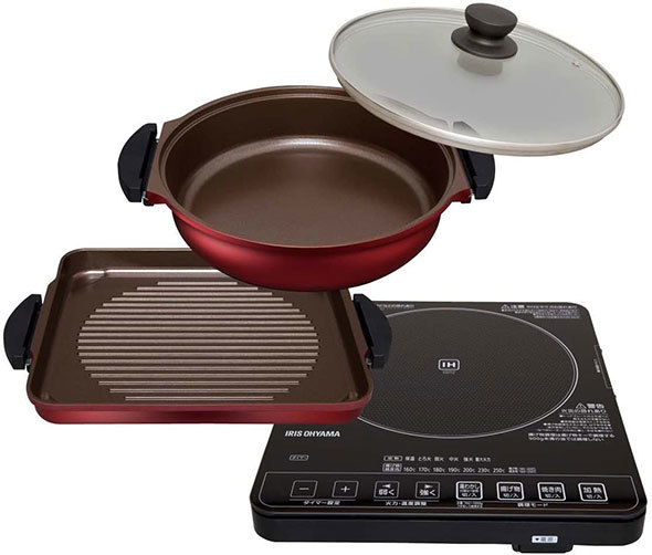 鍋類がセットになっている、アイリスオーヤマ「ガラストップIHクッキングヒーター&焼き肉プレート&鍋セット IHC-T51S-B」