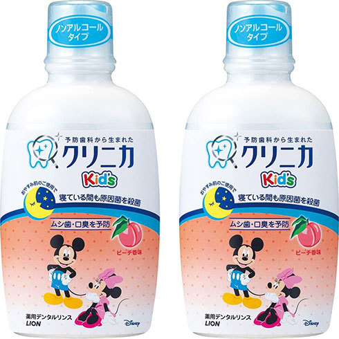 子供向けにはノンアルコールタイプを。「クリニカKid'sデンタルリンス ピーチ」
