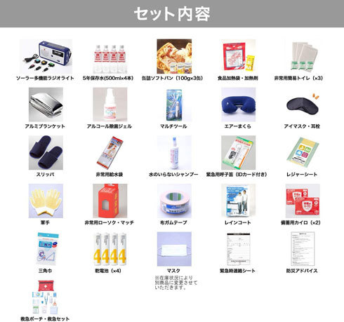 防災セット：水や食料、懐中電灯やラジオなどの必需品をチェック