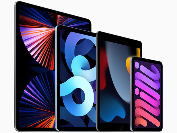 iPadシリーズ。左から「iPad Pro」「iPad Air」「iPad」「iPad mini」