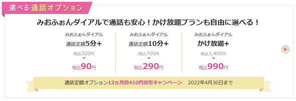 みおふぉんダイアル用の通話定額オプション