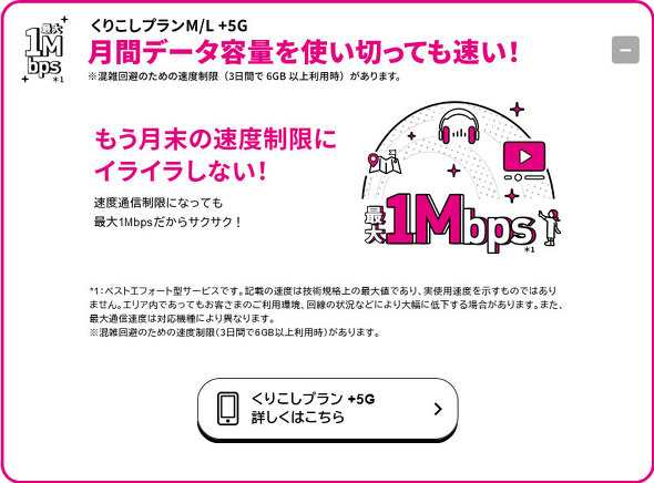M／Lプランは容量超過後も1Mbpsで通信