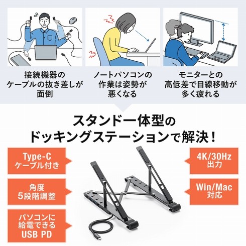 スタンド一体型ドッキングステーション「400-HUB096DBK」