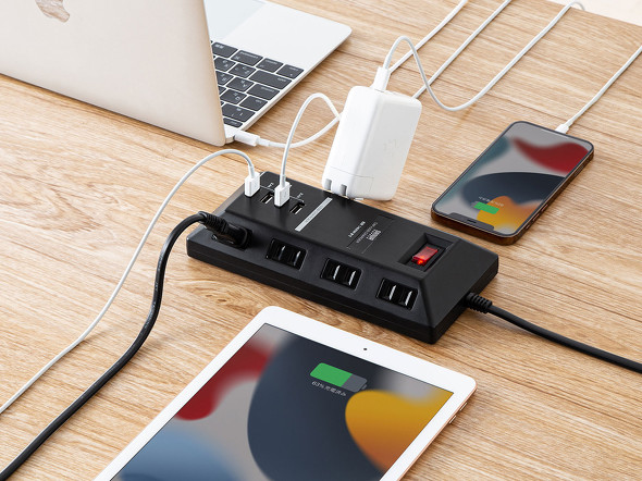 平型形状のUSB充電ポート付きタップ「TAP-B109U-3BK」