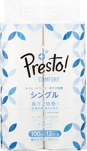 [Amazonブランド]Presto! Comfort トイレットペーパー 長さ2倍巻 100mx12ロール シングル