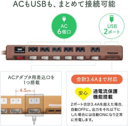 サンワダイレクト「電源タップ 700-TAP065-2DBRM」