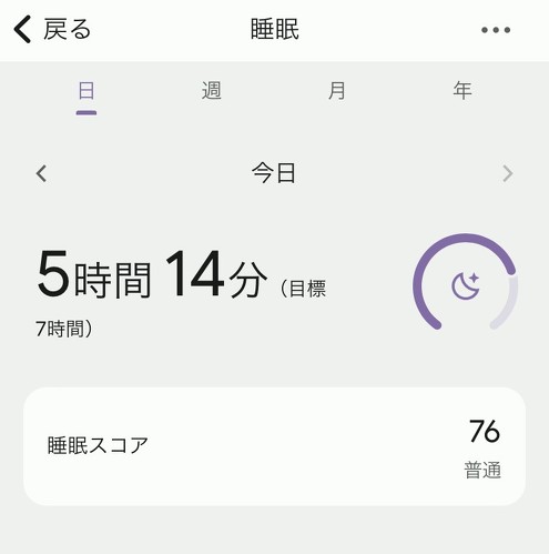 本日の睡眠時間のアプリ画面