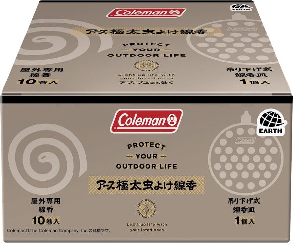 アウトドアで使える虫よけアイテム：アース製薬「コールマン アース極太虫よけ線香10巻箱入 吊り下げ式 線香皿付」