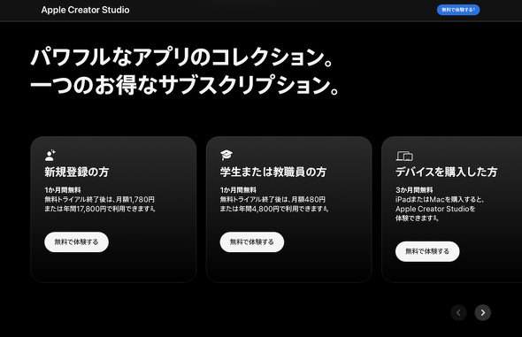 無料トライアル期間や、学生・教職員料金についての表示