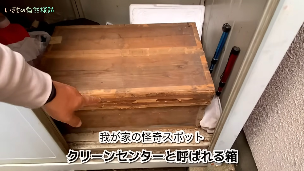 木米の木箱　中身の壁掛け花生は真贋不明のオマケです。 物置で封印されている木箱、数カ月ぶりに開けてみると