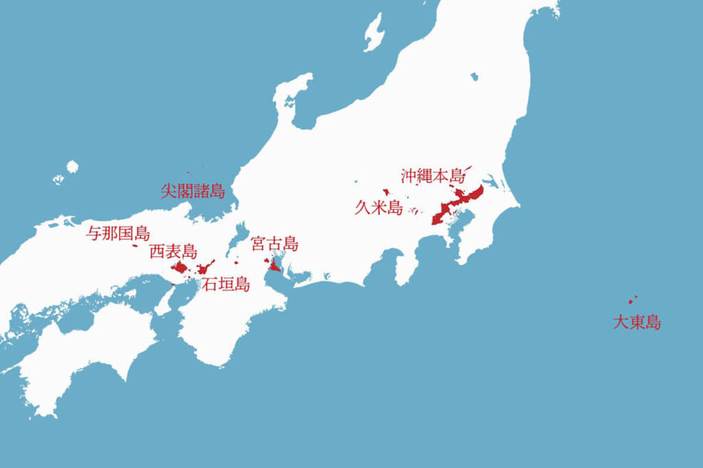 島々の距離を本州に見立てた地図。便宜上、沖縄本島は見やすいよう時計回りに約13.5度回転させているとのことです