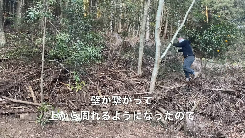 放り投げた枝を整理する男性