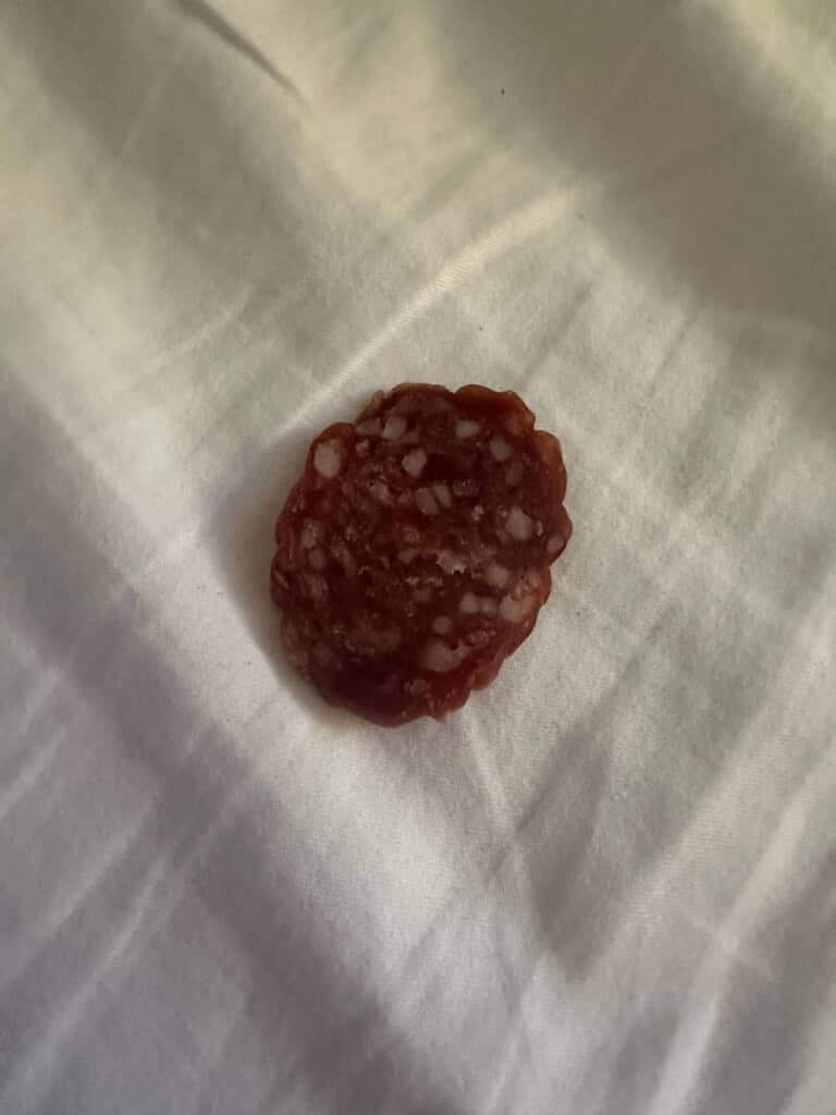 昨夜、ベッドの上で食べていたサラミでした