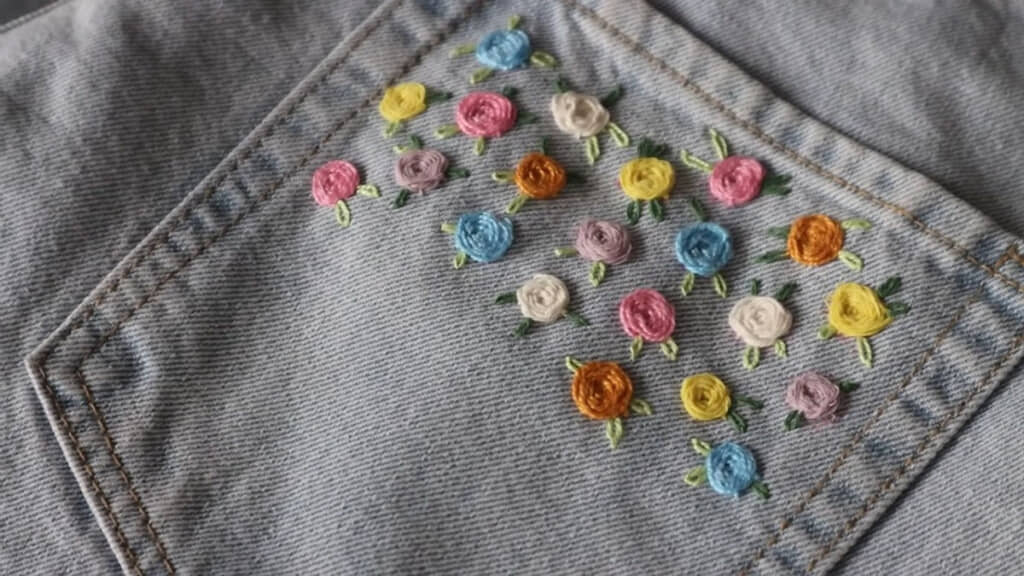 ばらの刺しゅうをしたデニム
