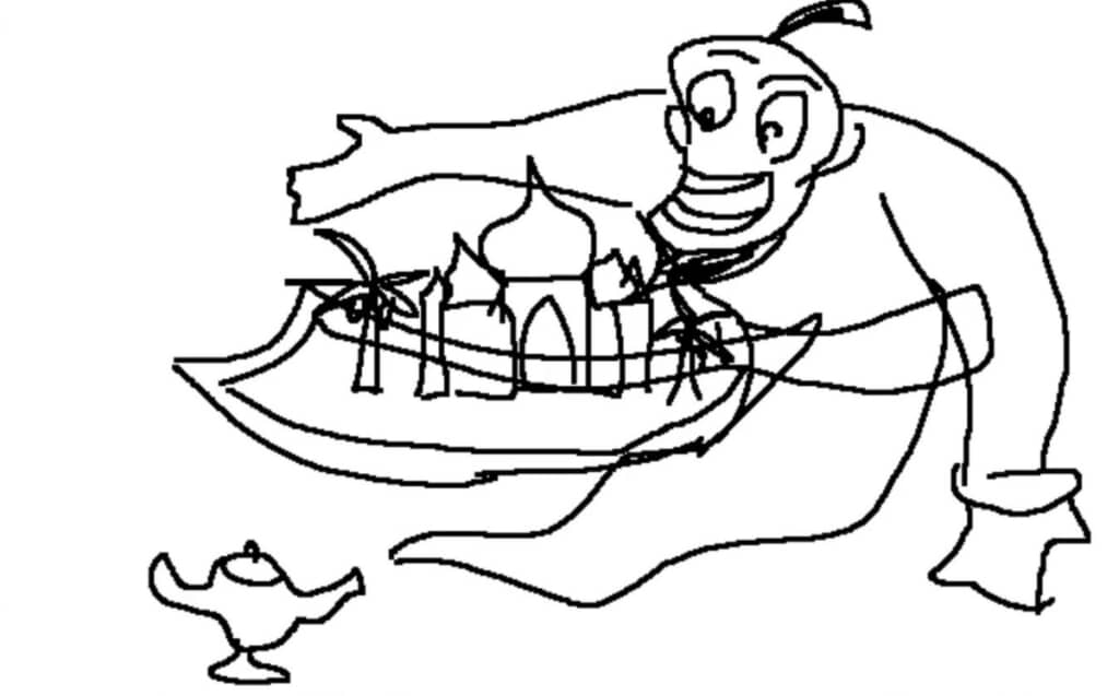 ジーニーと魔法のじゅうたん、宮殿が描かれたラフスケッチ