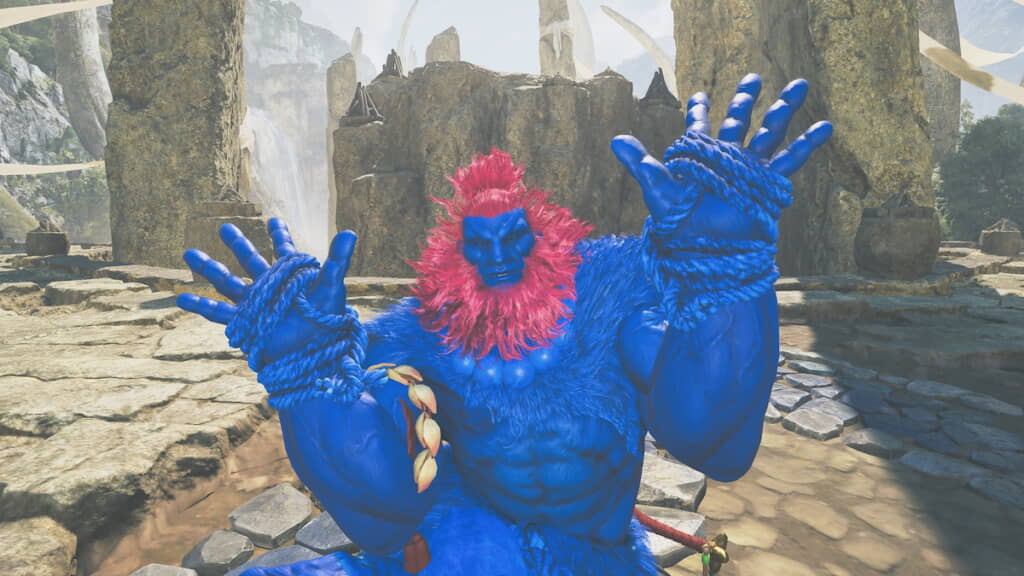 万博公式キャラらしいポーズをキメるミャクミャク豪鬼
