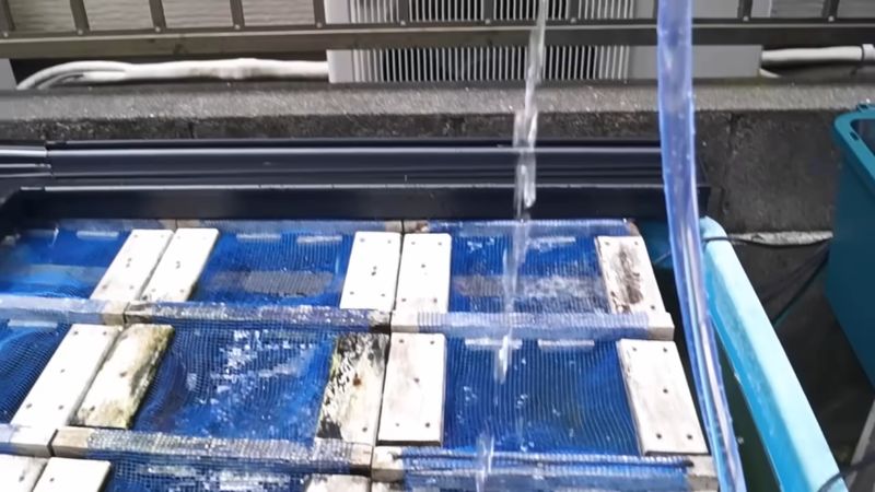 ポンプによって吸い上げられた水がコンテナに落ちていく様子