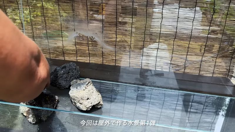 水槽内に小さい溶岩石を組んでいく