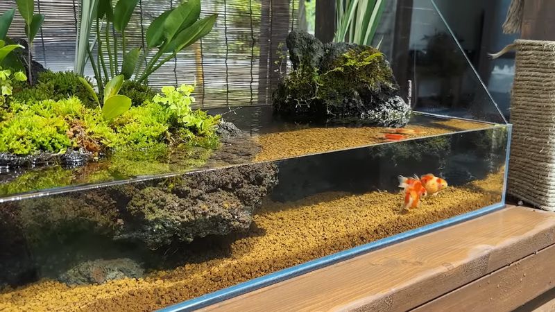 新しい水槽で泳ぐ3匹の金魚を引きで撮った映像