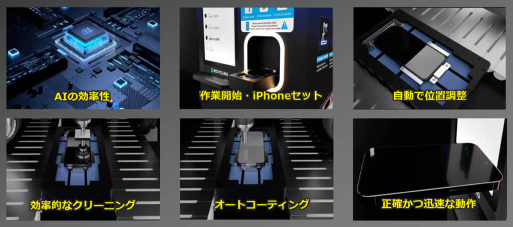 AIがiPhoneを識別して位置を調整し、画面をきれいにしてフィルムを貼付。UPS（無停電電源装置）付きなので、万が一作業中に停電が起きても大丈夫とのこと