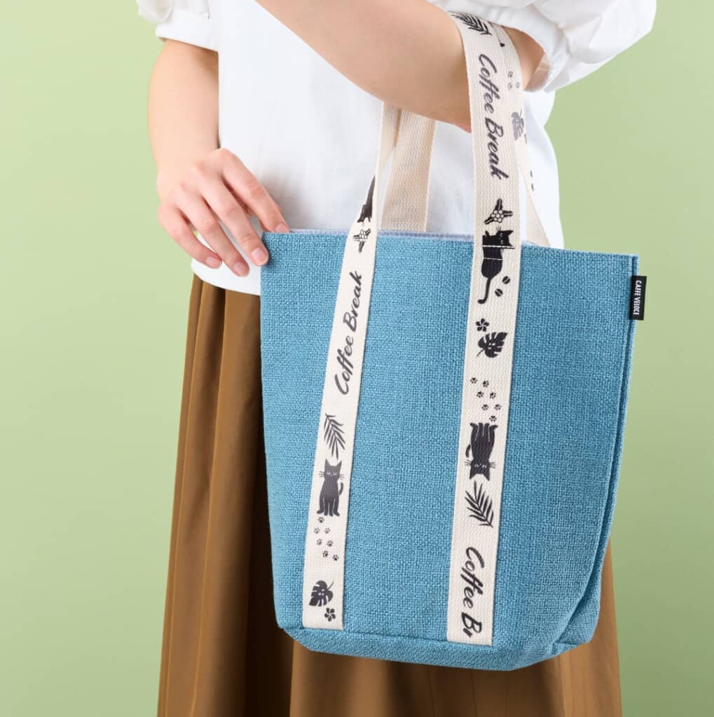 黒ねこリネン風バッグ　オーシャンブルー