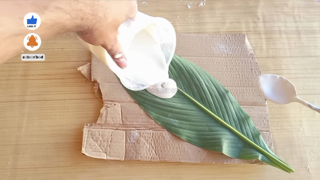 葉っぱの裏側に石こうを流します