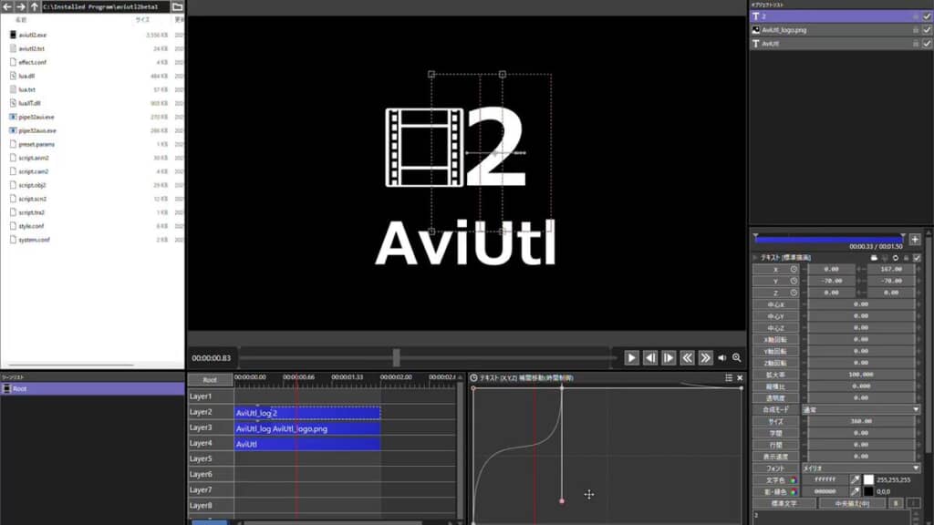 AviUlt2の編集画面でカーブを調整する様子