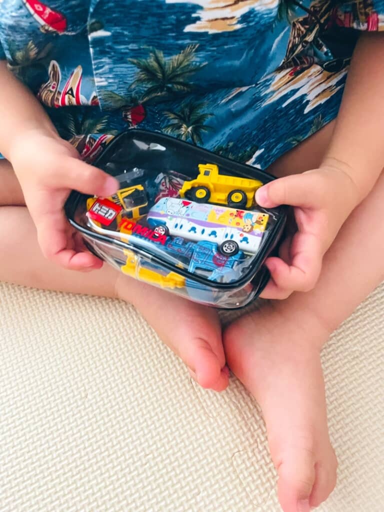 持って行くトミカを選んでポーチに入れています