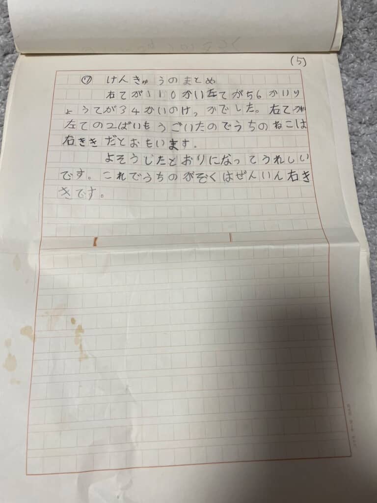 実験の結果から飼いネコが右利きと判断する小1時代の投稿者