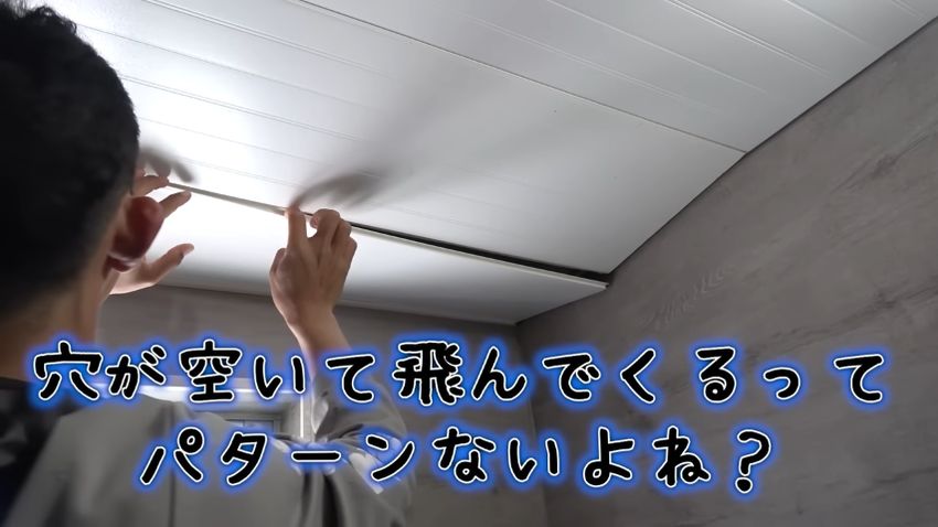 ミツバチの奇襲を警戒しながら天井のモールを剥がす