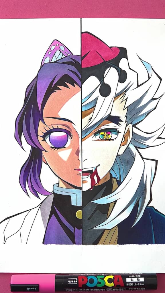 胡蝶しのぶと童磨の半顔イラストが完成