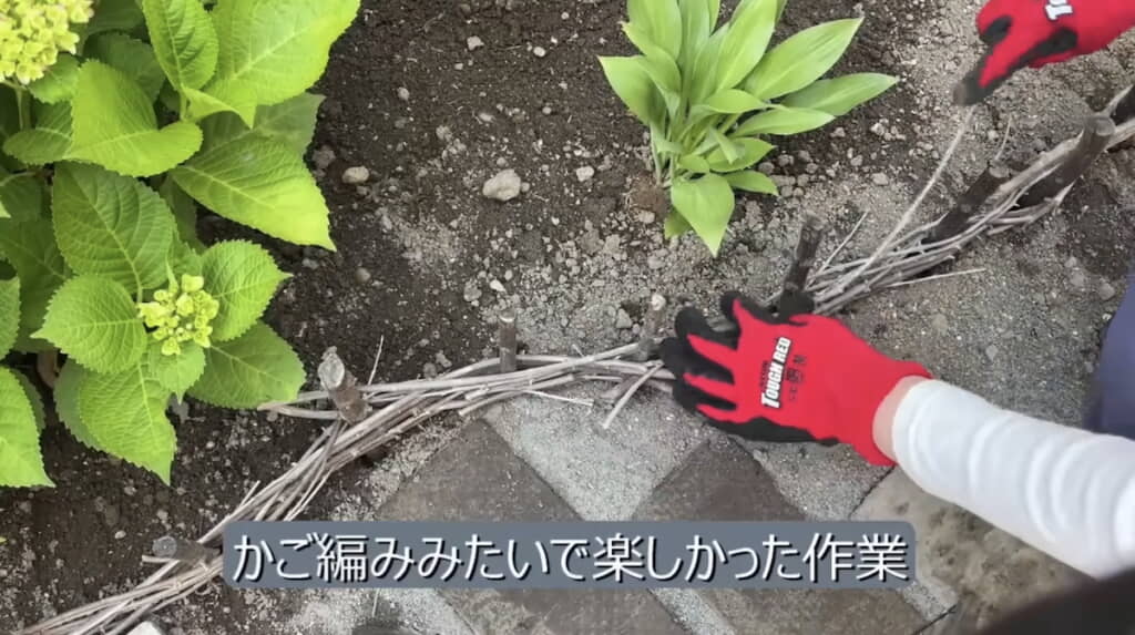 オリーブの木の枝で花壇を縁取り
