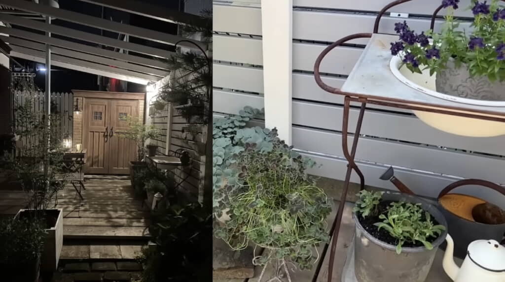 夜のカフェスペース。右はパーゴラの壁面まわり
