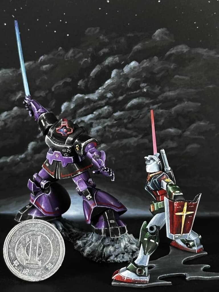 ポスター風に塗装されたガンダムとドムのフィギュア