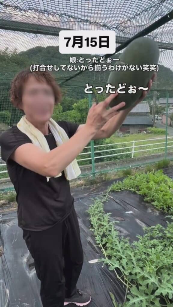 顔と同じくらい大きく成長したスイカ