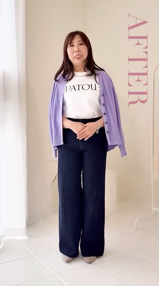 パープルのカーディガンが良く似合ってる