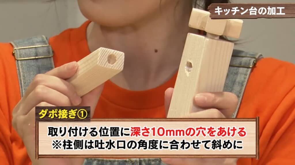 ダボ接ぎで吐水口を付ける