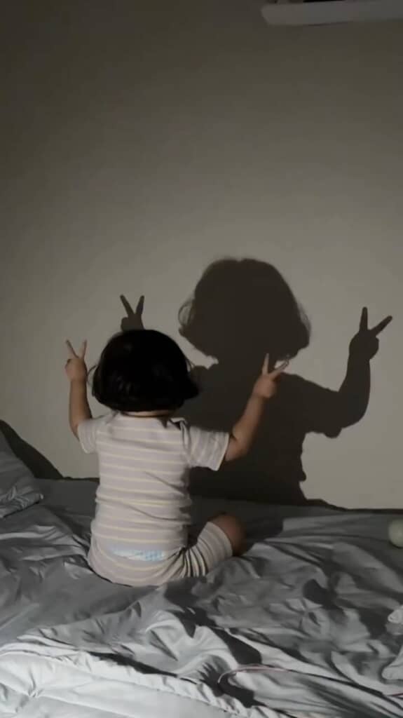 ピースサインをする娘さんの影