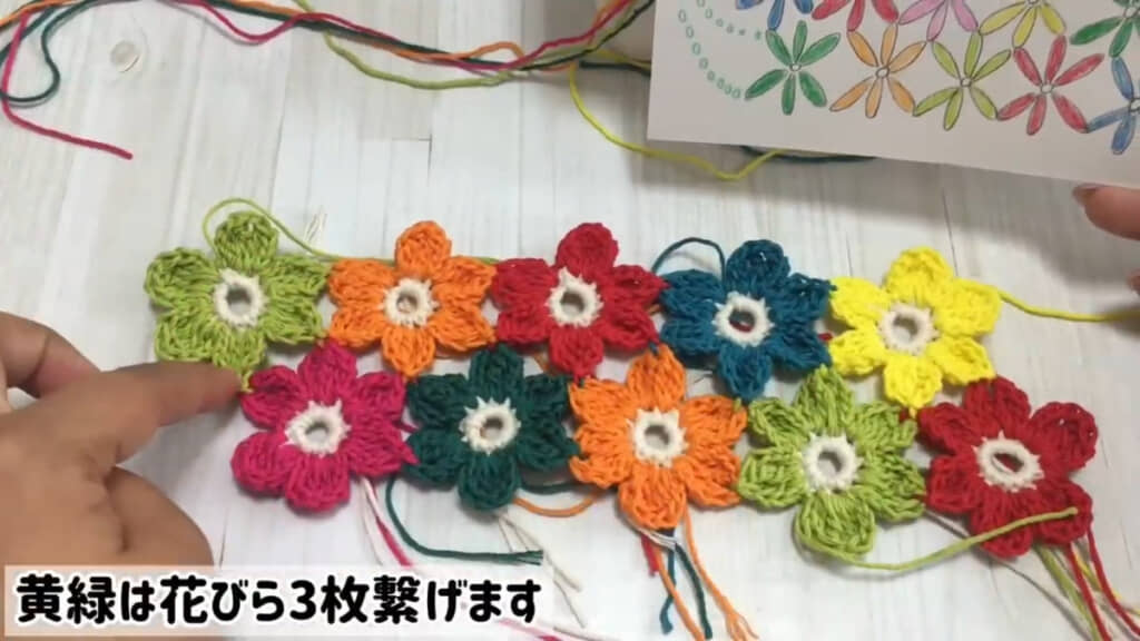 画像下側の段がバッグの底になる中央段。上の1段目は右端から反時計回りに繋げていきます