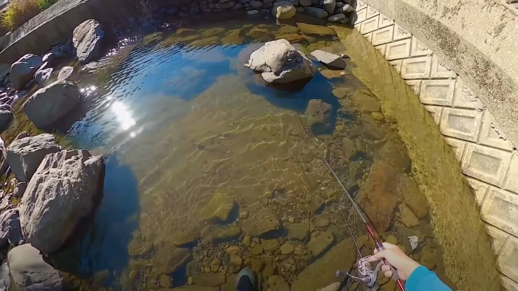 岩の下に釣り竿を潜らせます