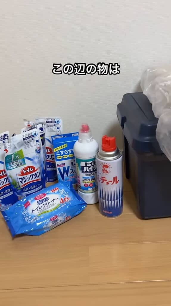 仕分けられた洗剤やトイレクリーナー、殺虫剤